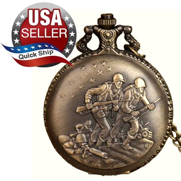 Bronze Quartz Pocket Watch Army Marine Military War Guns Tank • 31.5 Inch Chain - Picture 1 of 8